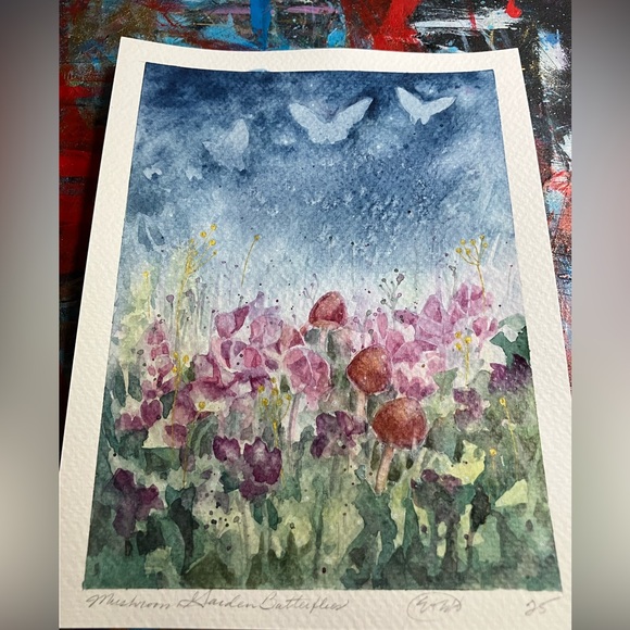 Original Mushrooms butterfly painting floral nature watercolor art Artettina USA - Picture 3 of 7